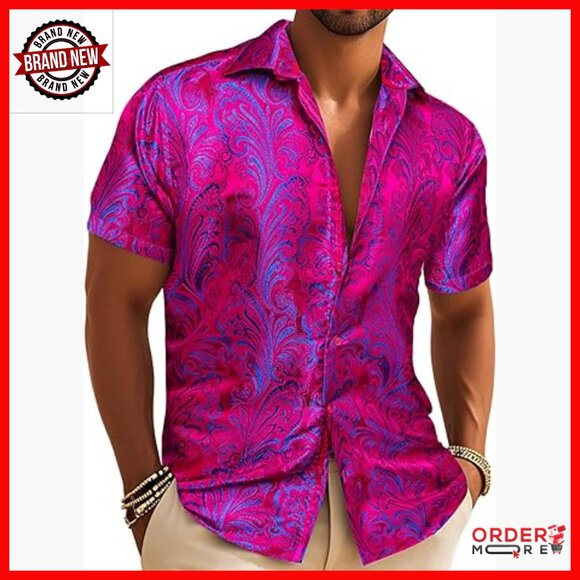 Men's Paisley Short Sleeve Button Down Shirt Silk Polyester Blend Summer Casual